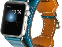 Curea iUni compatibila cu Apple Watch 1/2/3/4/5/6/7, 38mm, Cuff 4 in 1, Piele, Albastru